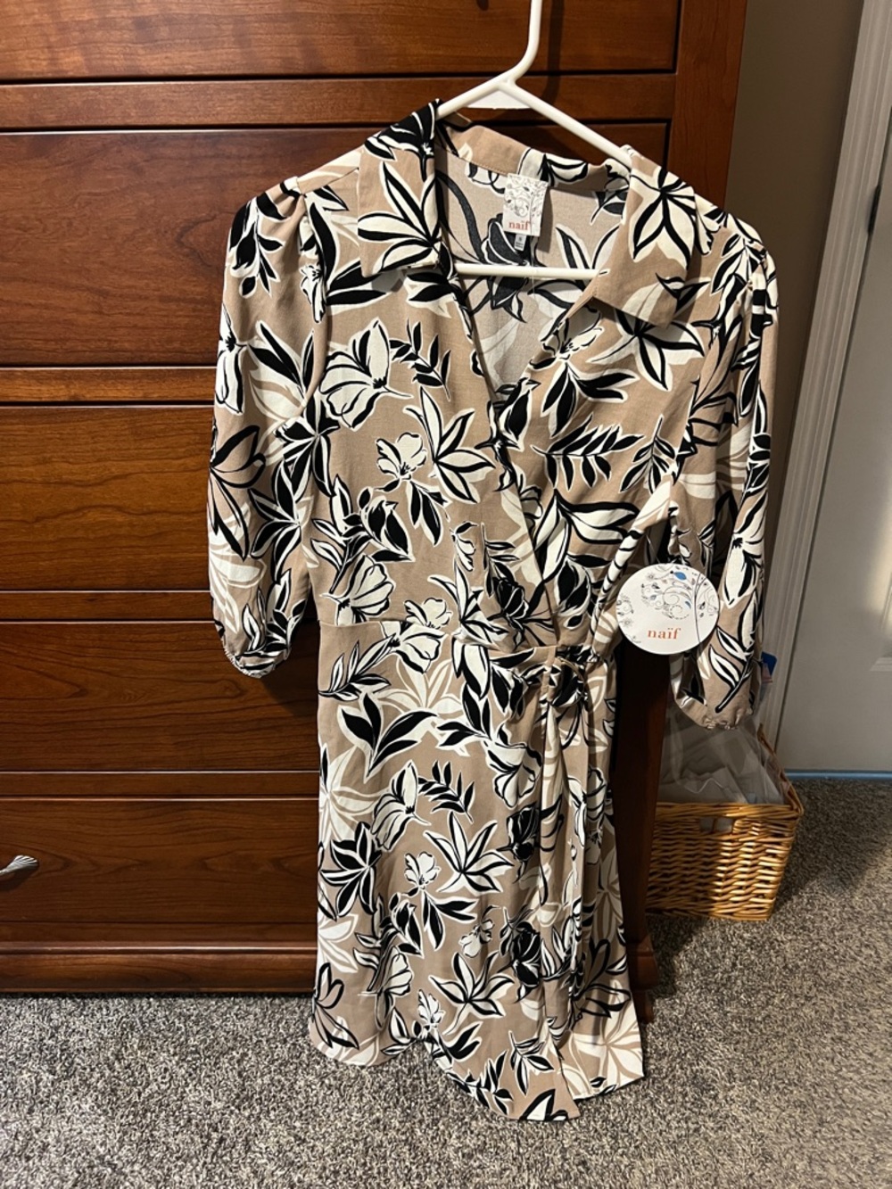 NAIF Tan Floral Wrap Midi Dress with Black & White Print NWT